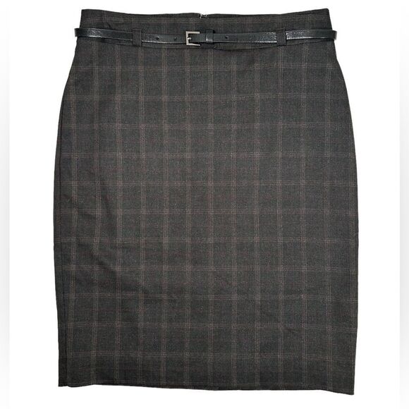 Van Heusen Studio Stretch Extensible Dark Gray Plaid Belted Pencil Skirt Mini - Picture 1 of 6